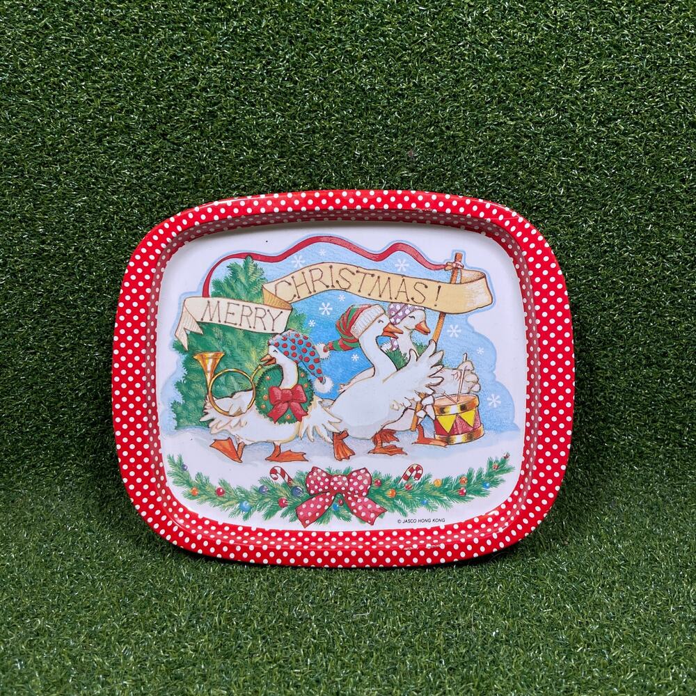 Vintage JASCO Hong Kong Christmas Geese Tin Snack Trays Set of 4 Polka Dot